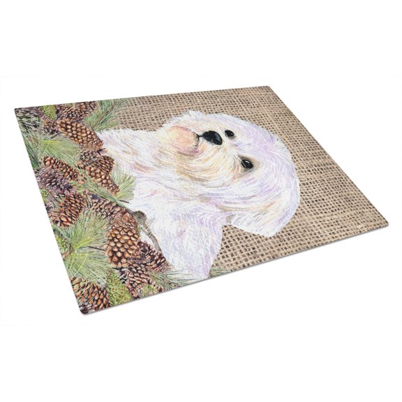 Carolines Treasures SS4072LCB Maltese on Faux Burlap with Pine Cones Glass Cutting Board Large, 12H x 16W, multicolor