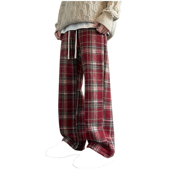 Diufon Men's Casual Wide Leg Pants Plaid Elastic Waist Drawstring Loose Pant Cotton Soft Trousers with Pockets