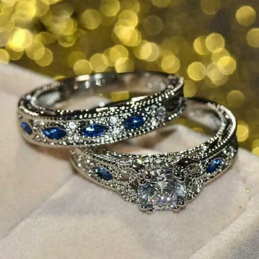 RKC 2.00Ct Round Simulated Diamond Bridal Set Engagement Ring 14K White Gold Plated
