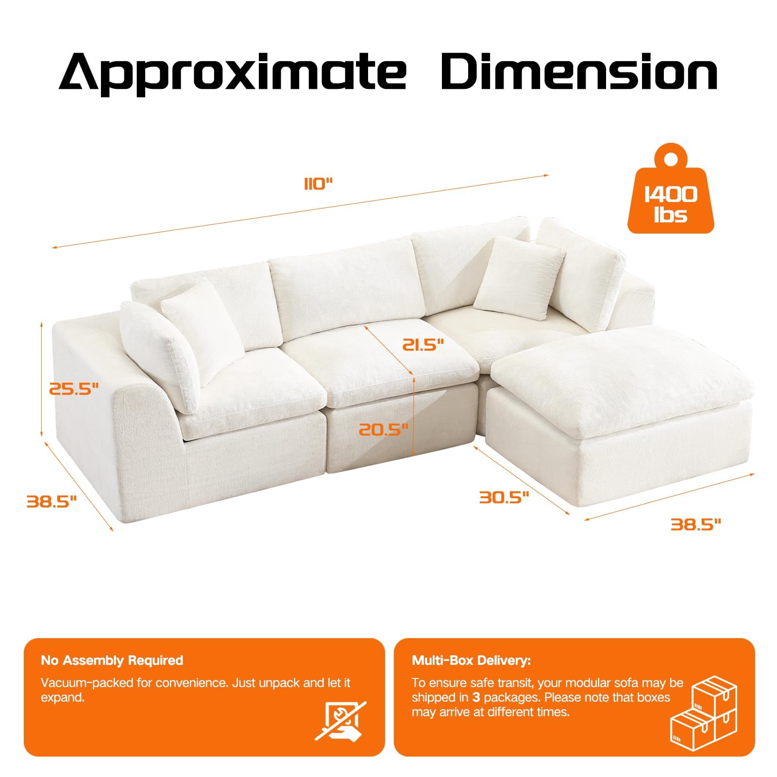 110" Cloud Couches Boneless Couch 3 Seater Sofa Modular Sectional Sofa with Ottoman, No Assembly Required
