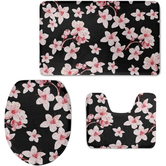 Cherry Blossom Print Non Slip Toilet Seat Cover Bath Mat Lid Covers Home Decorative 3 Piece Bathroom Rug Sets