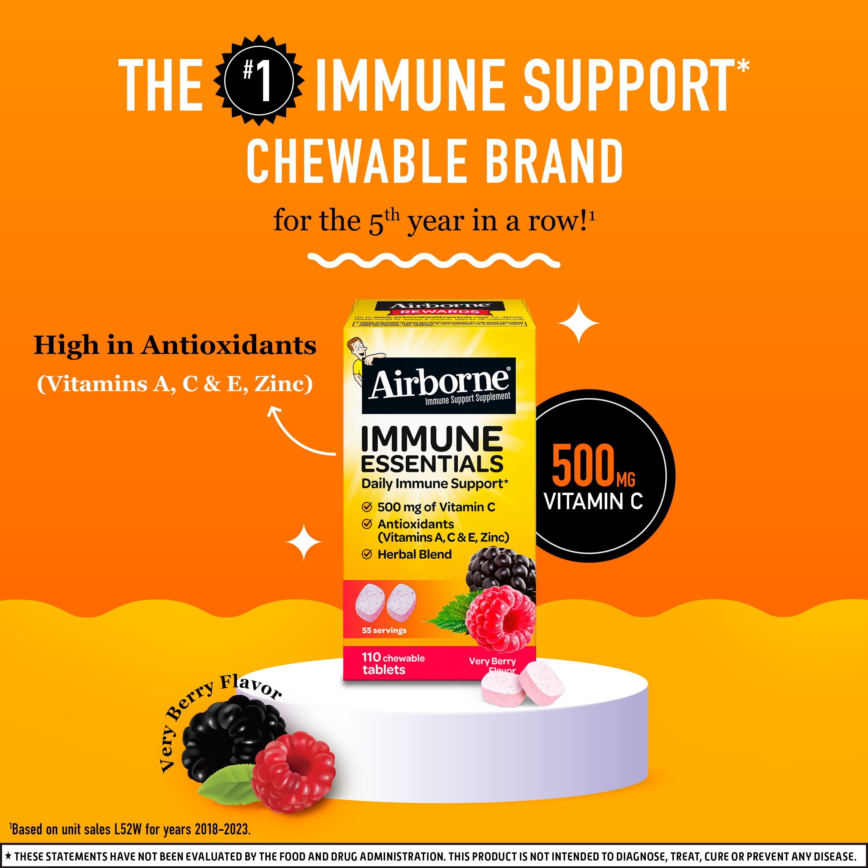 (3 pack) Airborne Immune Essentials Vitamin C Chewable Tablets, Multivitamin Immunity Support Supplement, Very Berry, 110 Count