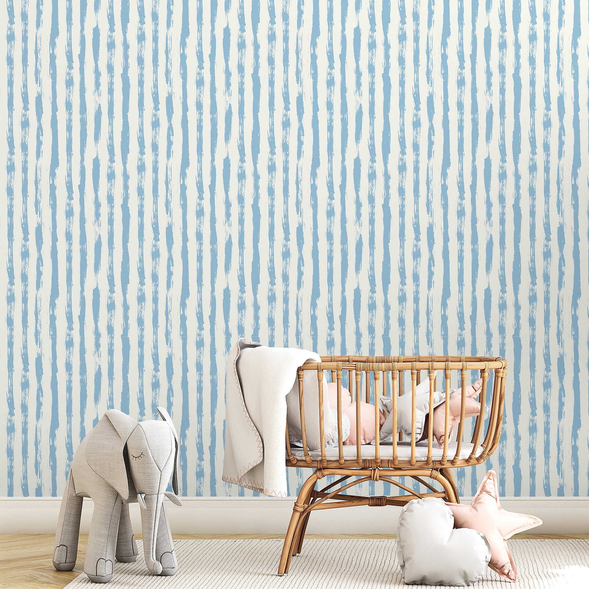 SimurgWallArts - Soft Blue Striped Peel and Stick Vinyl Wallpaper, Hand-Painted Style Nursery Mural, 19x118 in, 15,57 Sq. ft.