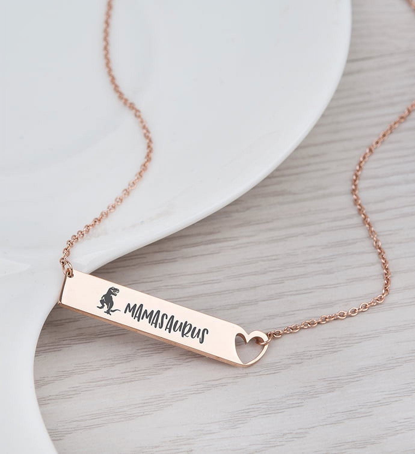 Anavia Mamasaurus High Polish Stainless Steel Fashion Necklace Jewelry Gift for Mom Grandma -[Rose Gold Heart Bar 18"]