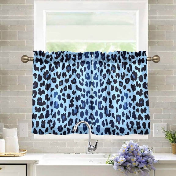 Yayeee Kitchen Curtains Tier Pair Light Filtering 27"x24" Rod Pocket Short Cafe Window Panel, Blue Leopard Print