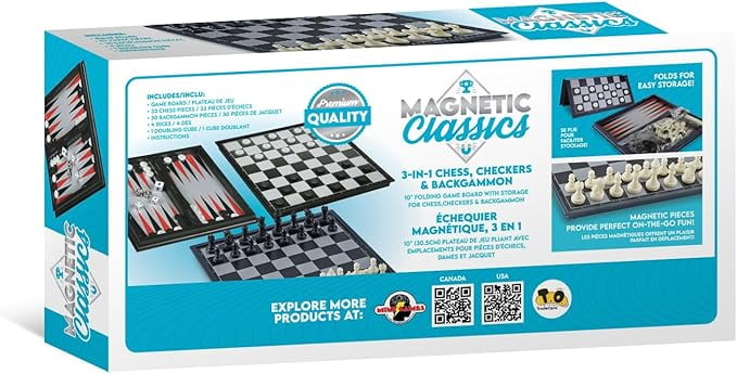 Tradeopia Classiques Magnétiques – Jeu Magnétique 3 en 1 Échecs, Dames & Backgammon de 10 pouces