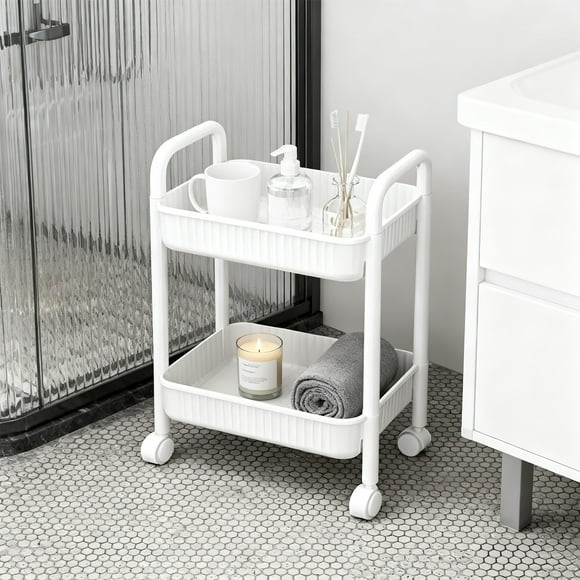 Carro rodante de dos niveles con ruedas. Un práctico carro con asas y ruedas giratorias con bloqueo. Ideal para almacenaje en la cocina, la oficina y el dormitorio. Estantería de plástico tipo carrito