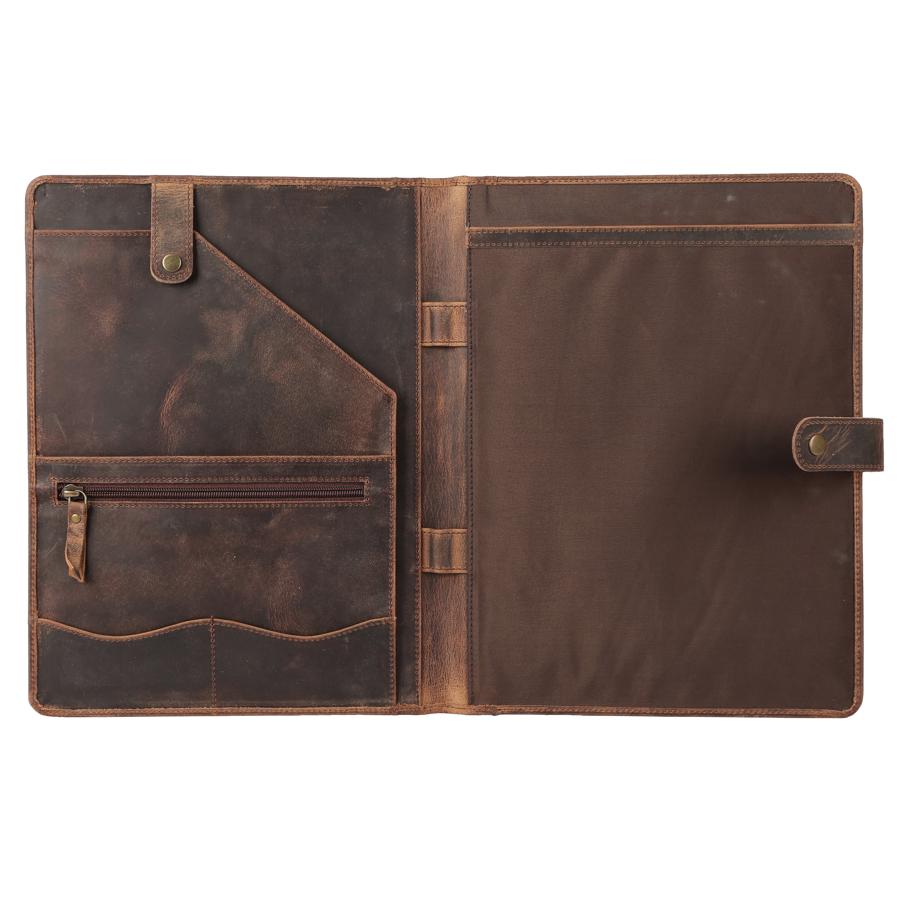 Full-Grain Leather Portfolio Folder with Button Closure, Legal Pad Holder, Card Slots, and Document Pockets, Distressed Tan