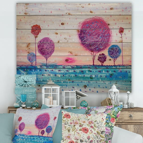 Designart 'Purple Coloured Tree Impression Landscape II' Modern Print on Natural Pine Wood