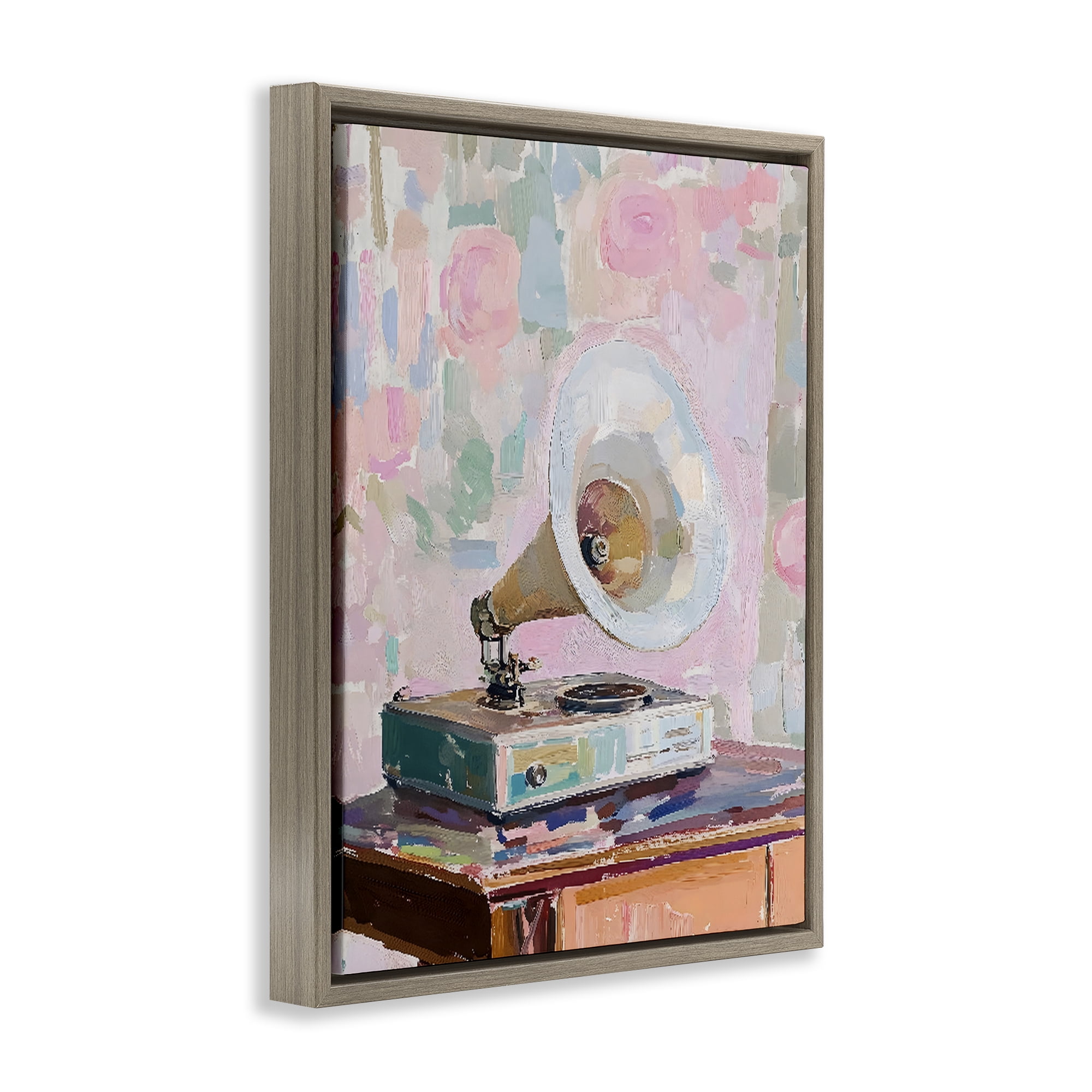Stupell Industries Vintage Gramophone in Soft Pastels Brown Framed Floater Canvas Wall Art, design by The Prints Vibe