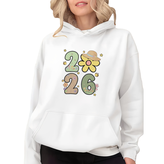 2026 Happy New Year Cute Flower Graphic Tee T Shirt Tops Soft Everyday Cotton Tee Hooded long-sleeved White S-2XL