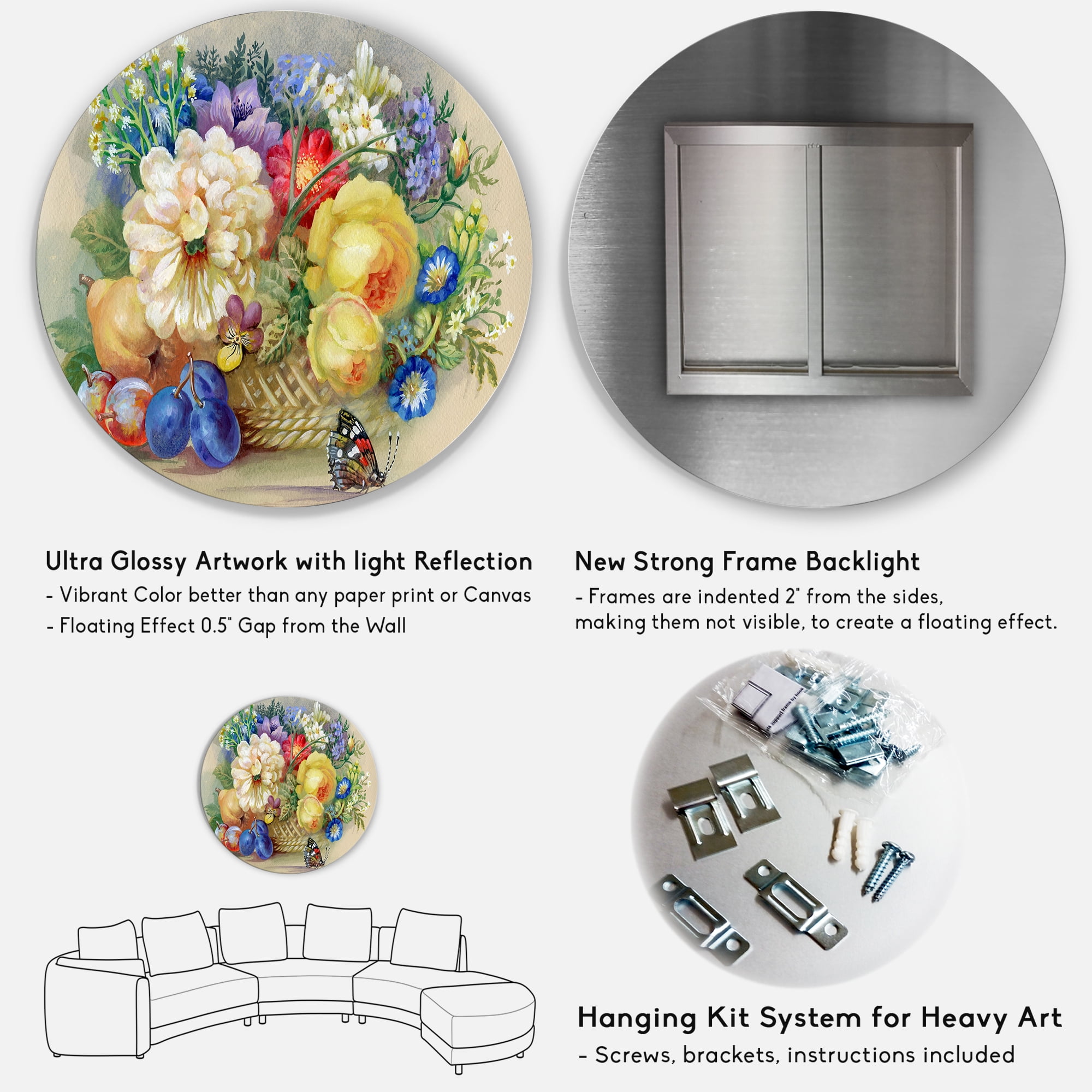 Designart 'Vintage Still Life Of White and Yellow Flowers' Traditional Circle Metal Wall Art 29x29 - Disc of 29