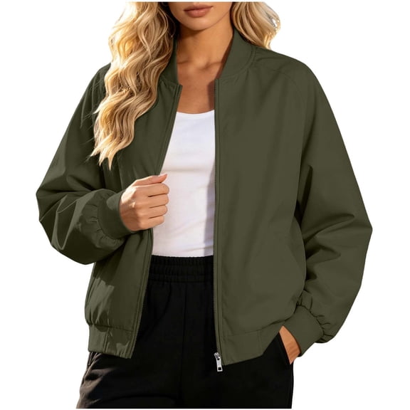 Zpanxa Bomber Jacket Women Short Plus Size Zip Up Stand Collar Casual Coat with Pockets Army Green 4XL