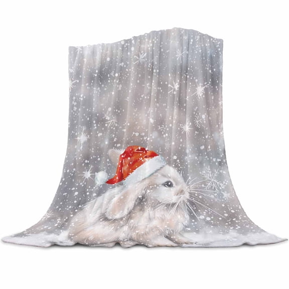 Christmas Red Flannel Blanket for Bed,Travel and Camping, Cap Rabbit Snowflake Grey Ombre Super Soft Cozy Blanket for All Seasons 40"x50"