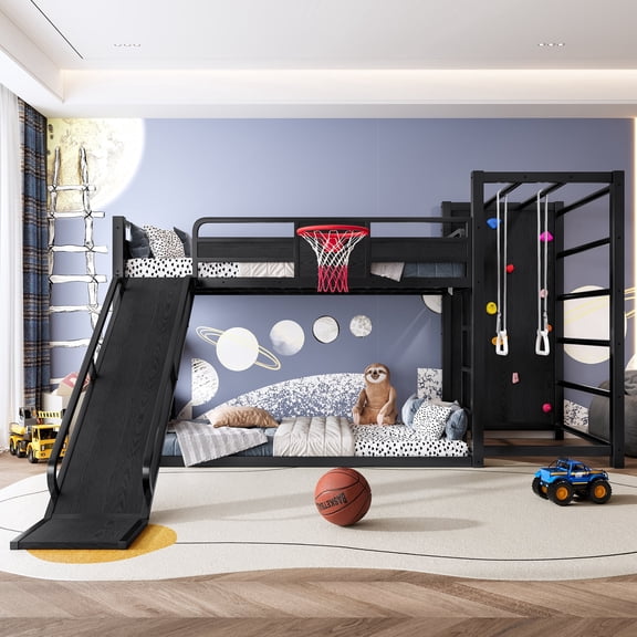 [Luckynote]Twin size metal loft/bunk bed with basketball hoop, pull-up rings, climbing wall, and built-in bookshelves. Playful design featuring a slide,Black.
