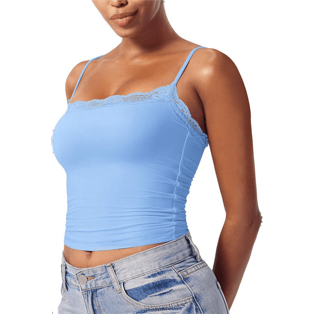 Camisola Básica de Encaje para Mujer, Cuello Cuadrado, Sin Mangas, Tirantes Finos Azul L