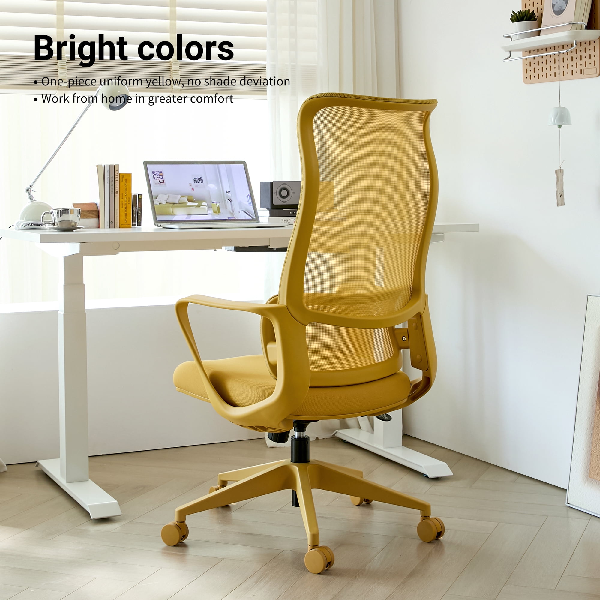 HOQBN Ergonomic Office Chair with 7-Level Adjustable Lumbar Support, Breathable Mesh High Back, Integrated Molded Foam Seat, 350lb Capacity, Yellow