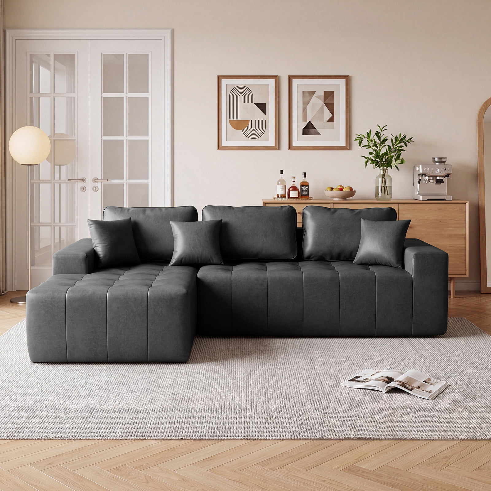 No-Assembly Faux Leather Corner Chaise Compression Sofa Bed, L-Shaped Sectional Couch with High-Density Sponge for Living Room, Black
