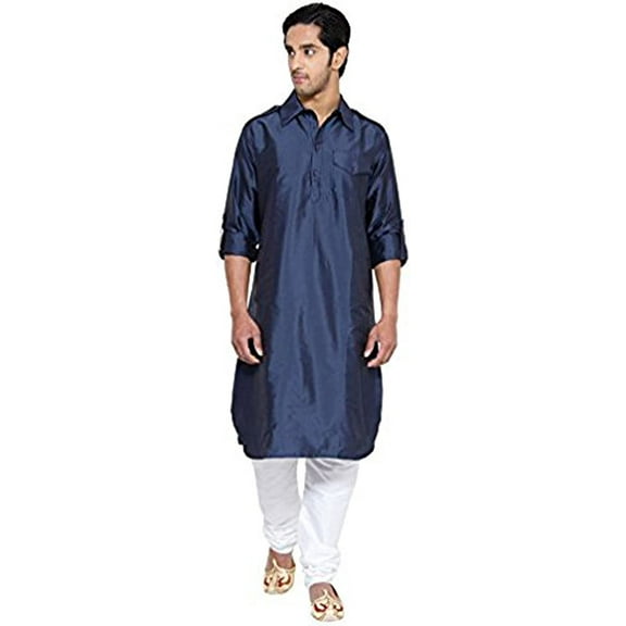 Royal Men's Pathani Silk Blend Kurta & Churidaar Set Blue