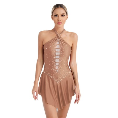 Ocealan Womens Adult Lyrical Dance Dress Sparkly Backless Ballet Leotards Modern Contemporary Dusty Pink M