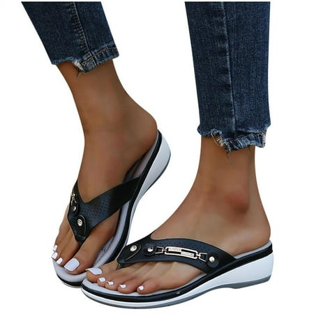 

SHENGXINY 2022 Women s Slippers Summer New Fashion Metal Button Slides Shoes Wedge Beach Sandals Women Outside Platform Leisure Flip Flops