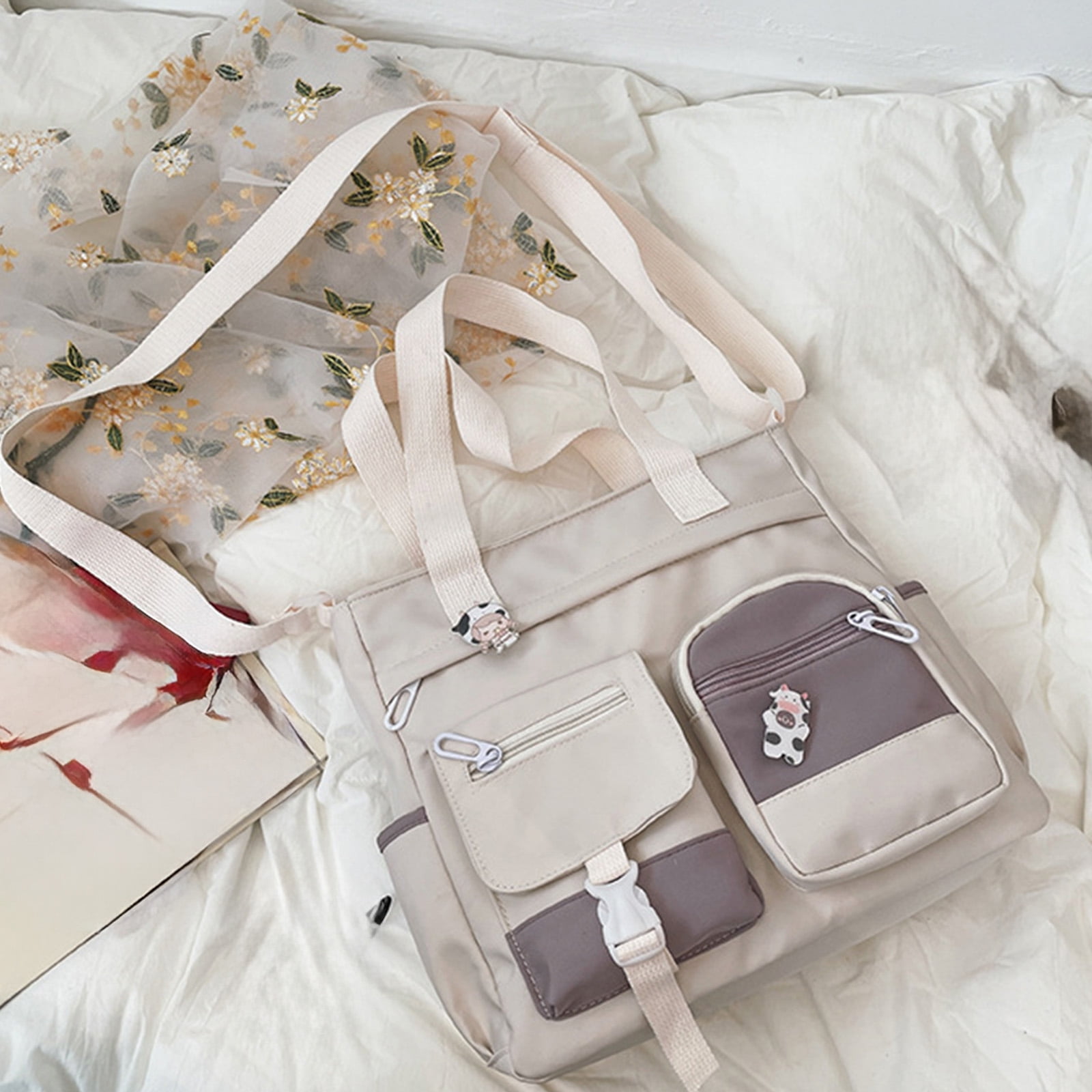 Womens Crossbody Bags for Teens Cute Messenger Purse Nylon Shoulder Tote Bags Multi Pockets Top Handle Satchel Handbags White