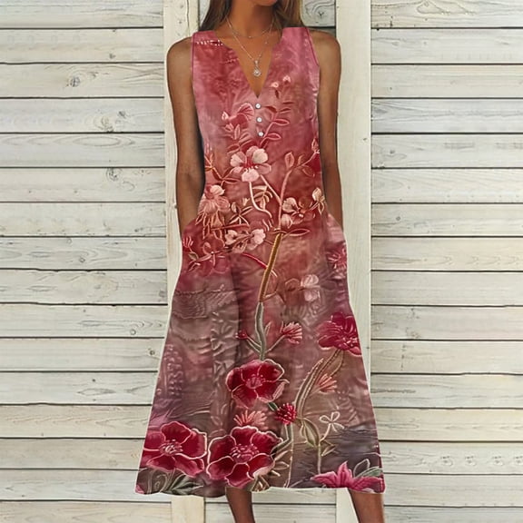 Viikei Womens Dresses Summer,Elegant Short Sleeve Dress for Women,New Women's V-neck Button Button Sleeveless Printed Long Dress Red XL