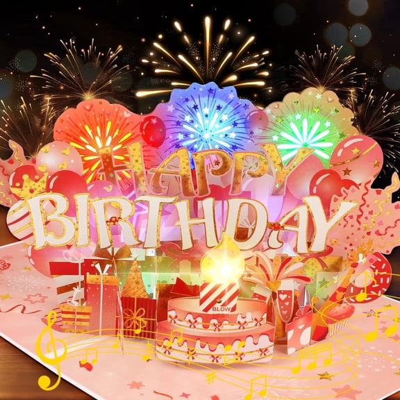 Musical Birthday Cards, Music & Firework Lights Birthday Card for Men, 3D Pop-up Blowable Candle Happy Birthday Card/Gift for Men, Women, Kids, Boys, Girls, Husband, Grandson