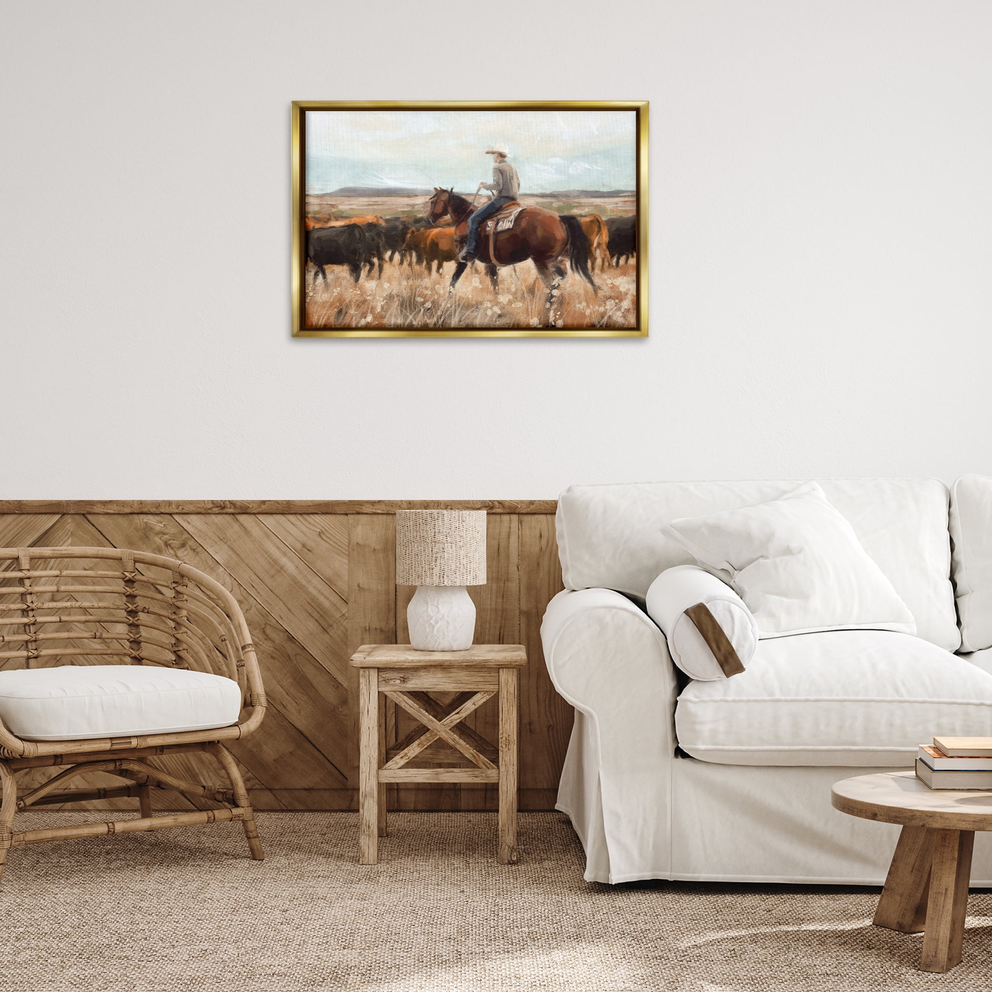 Stupell Industries Cowboy Rounding Cattle Landscape Painting Gold Floater Framed Canvas Art Print Wall Art, 31 x 21