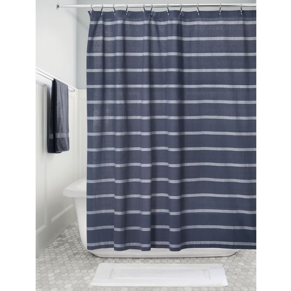 iDesign Thin Stripe Fabric Shower Curtain, Navy