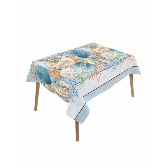 Blue Beach Coastal Table Cloth, Waterproof Tablecloth for Rectangle Tables, Nautical Shell Starfish Coral Summer Reusable Washable Fabric Table Cover for Restaurant Kitchen Dining Tables 60"x84"