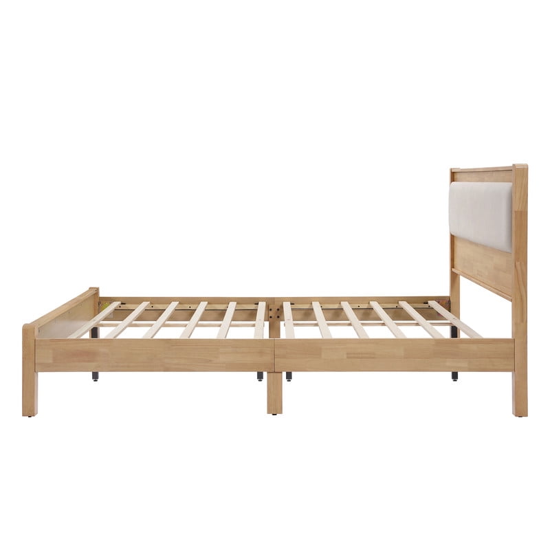 Queen Size Wooden Bed Frame with Upholstered Headboard, Low Profile Platform Bed with Central Support Legs