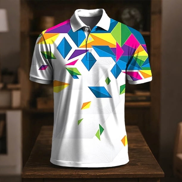 Ceisia Men's Colorful Geometric Print Polo Shirts, Regular Fit Short Sleeve Turndown Collar Casual Summer Tops Gifts