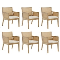 Guyou Rattan Dining Chairs Set of 6, Mid Century Modern Linen Upholstered Dining Room Armchairs, Farmhouse Wooden Kitchen Chairs with Cane Back and Natural Hardwood Frame for Living Room, Beige