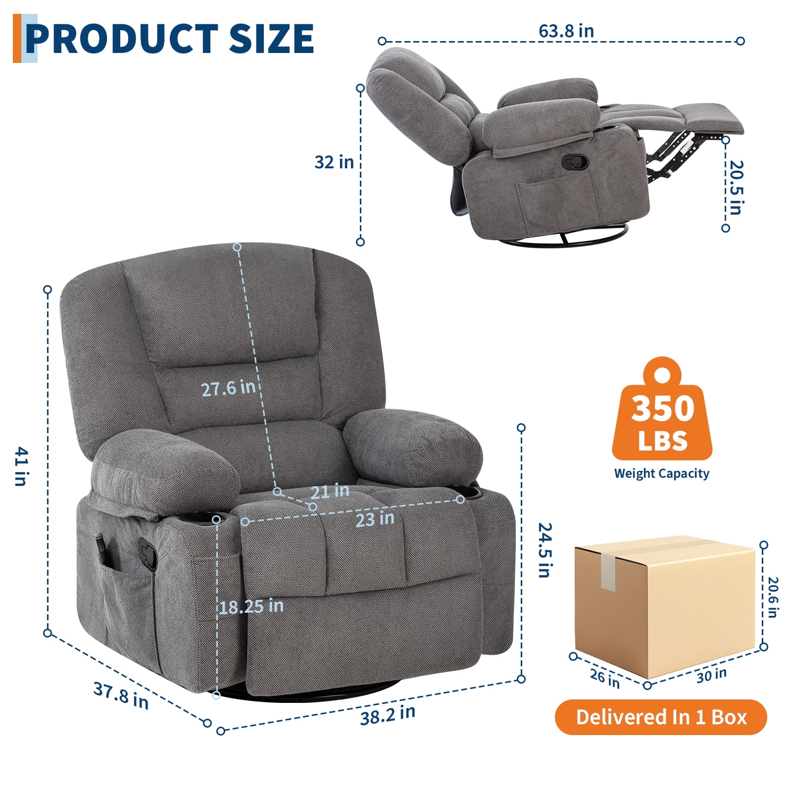 Massage Recliner Chair with Vibration & Heat - 360° Swivel Rocking Recliner, Cup Holders, Side Pockets, 350 lbs Support - Ideal for Living Room, Bedroom, Home Theater