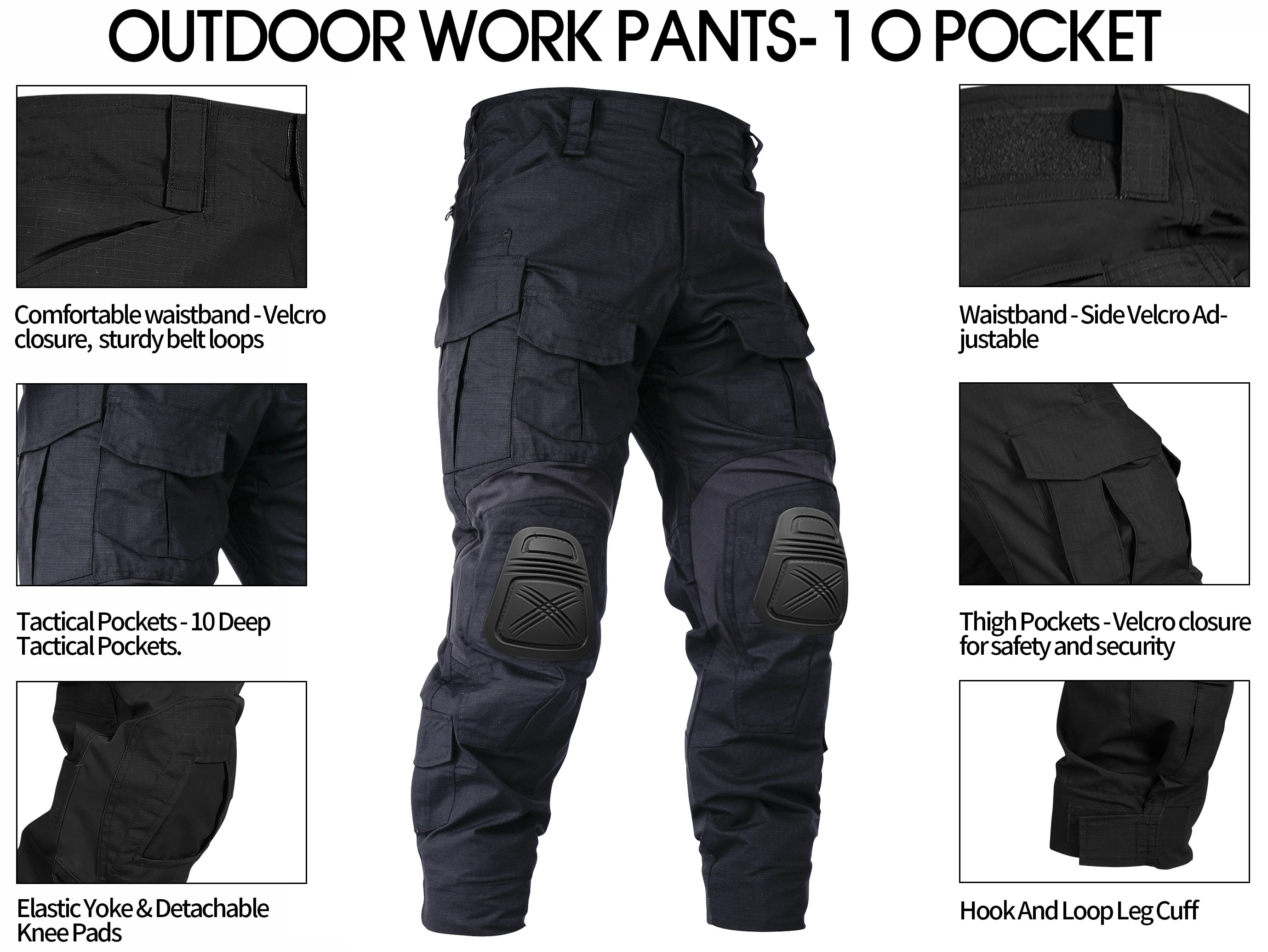 TRGPSG Men's Work Pants with Knee Pads, 10 Pockets ,Camo Outdoor Hunting Pants Waterproof Hiking Work Trousers(No Belt),Black Size 34