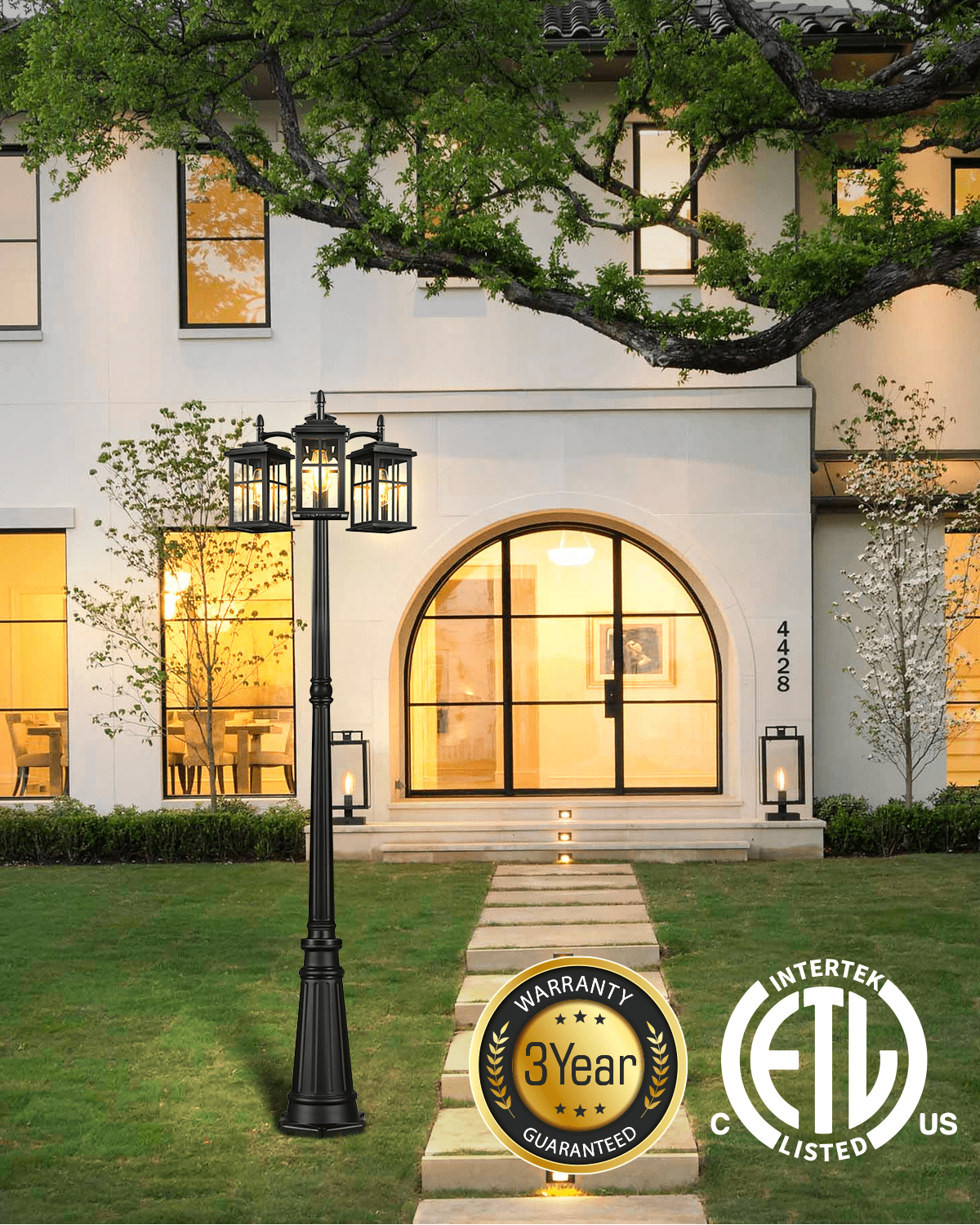 Dusk to Dawn Outdoor Lamp Post Light, Waterproof Outdoor Post Lights, Black Anti-Rust Light Poles for Outside, Modern 3-Head Lamp Posts Outdoor Lighting with Transparent Glass for Backyard