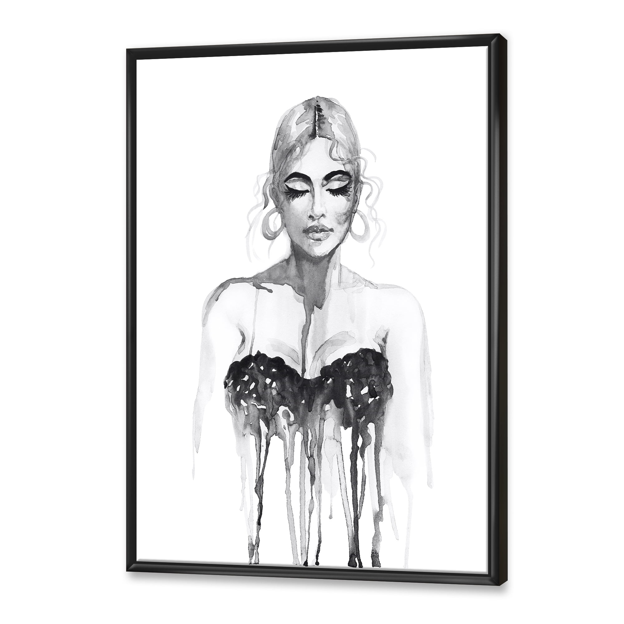 Designart 'Black and White Portrait of Woman Wearing Evening Dress' Modern Framed Canvas Wall Art Print
