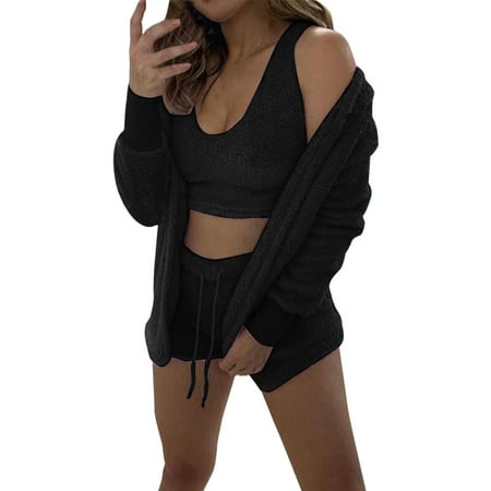 

Autumn Casual Women Pants Sets Women Winter Fashion Warm Three Pieces Suit Soft Warm Flannel Shorts Pajamas Set Cute Beard Hooded Coat Sleepwear