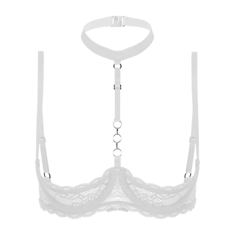 Womens 1/4 Cups Underwire Bra Halter Neck O Ring Sheer Lace Push