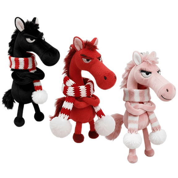 3 Pcs Year Of The Horse Plush Toy Set, Soft Fluffy Animal Doll with Scarf, Adorable Lucky Mascot, Good Luck Gift, 7.1 in