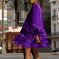 thumbnail image 2 of Faux Fur Trim Dress, Solid Color Round Neck Long Sleeve Bodycon Midi Dress, Glamorous Winter Party Dress for Holiday & New Year's Eve Purple XL, 2 of 5