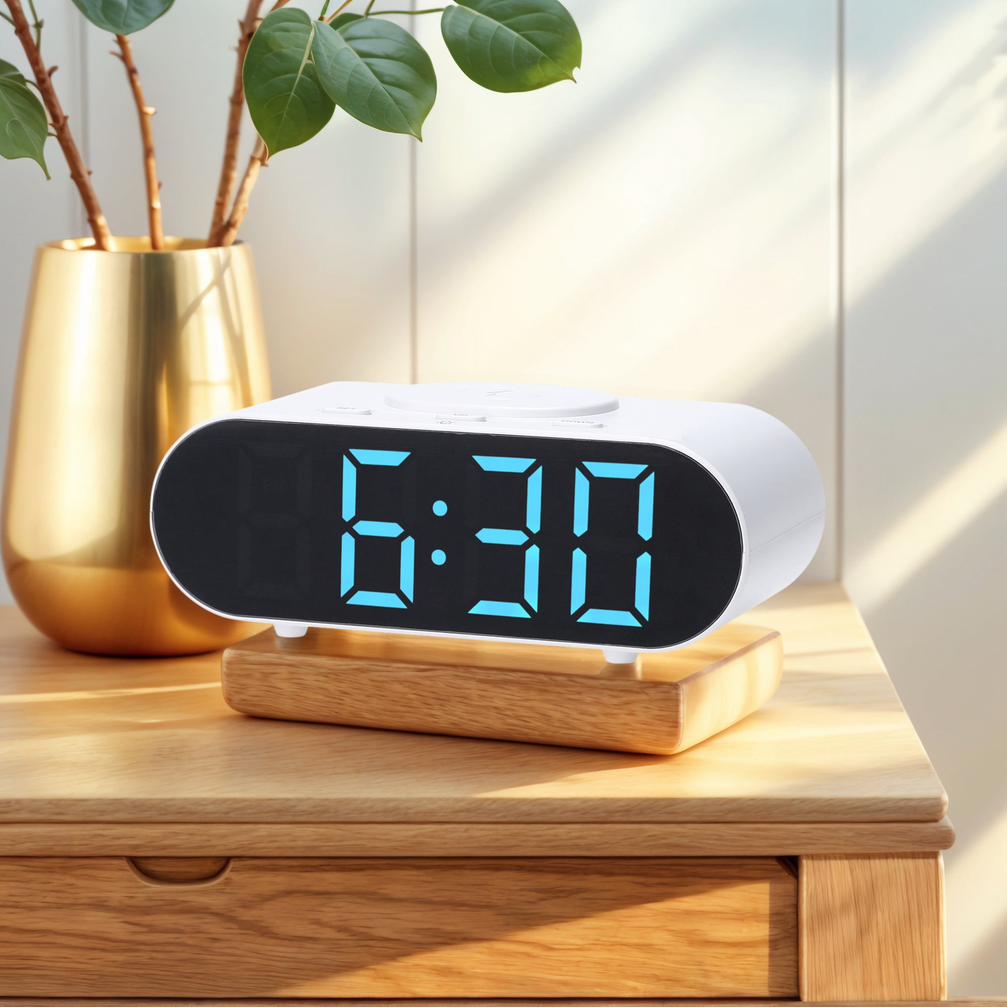 REGALWOVEN Oval Alarm Clock with Nightlight, Dimmable, 12/24H,USB Port, Wireless Charging, Decorate for Bedroom 7.1 x 3.1 x 2.4 inch Blue