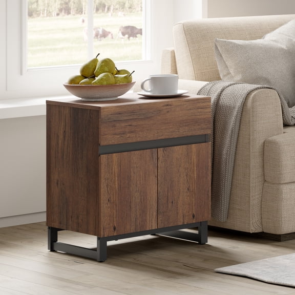 WAMPAT Nightstand with 1 Drawer & 1 Storage Cabinet, Modern Bedside Table with 2 Open Door for Bedroom, Wood Rustic Side End Table for Living Room, Brown