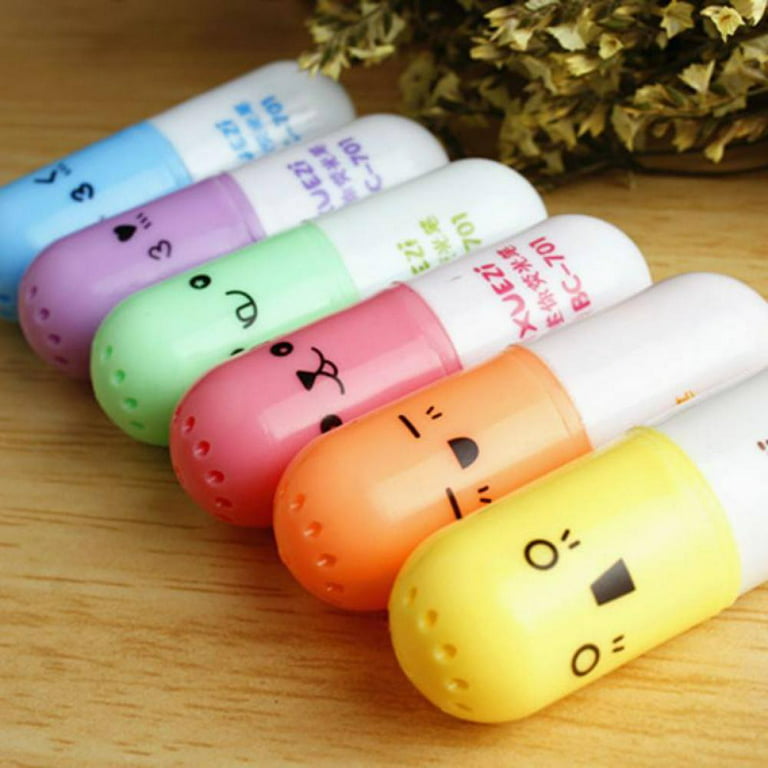 Topwoner 6 Pcs/Set Mini Pill Shaped Highlighter S for Writing Cute Face Graffiti Korean Stationery School Office Supplies, Size: 11.5cm*6cm*1.5cm