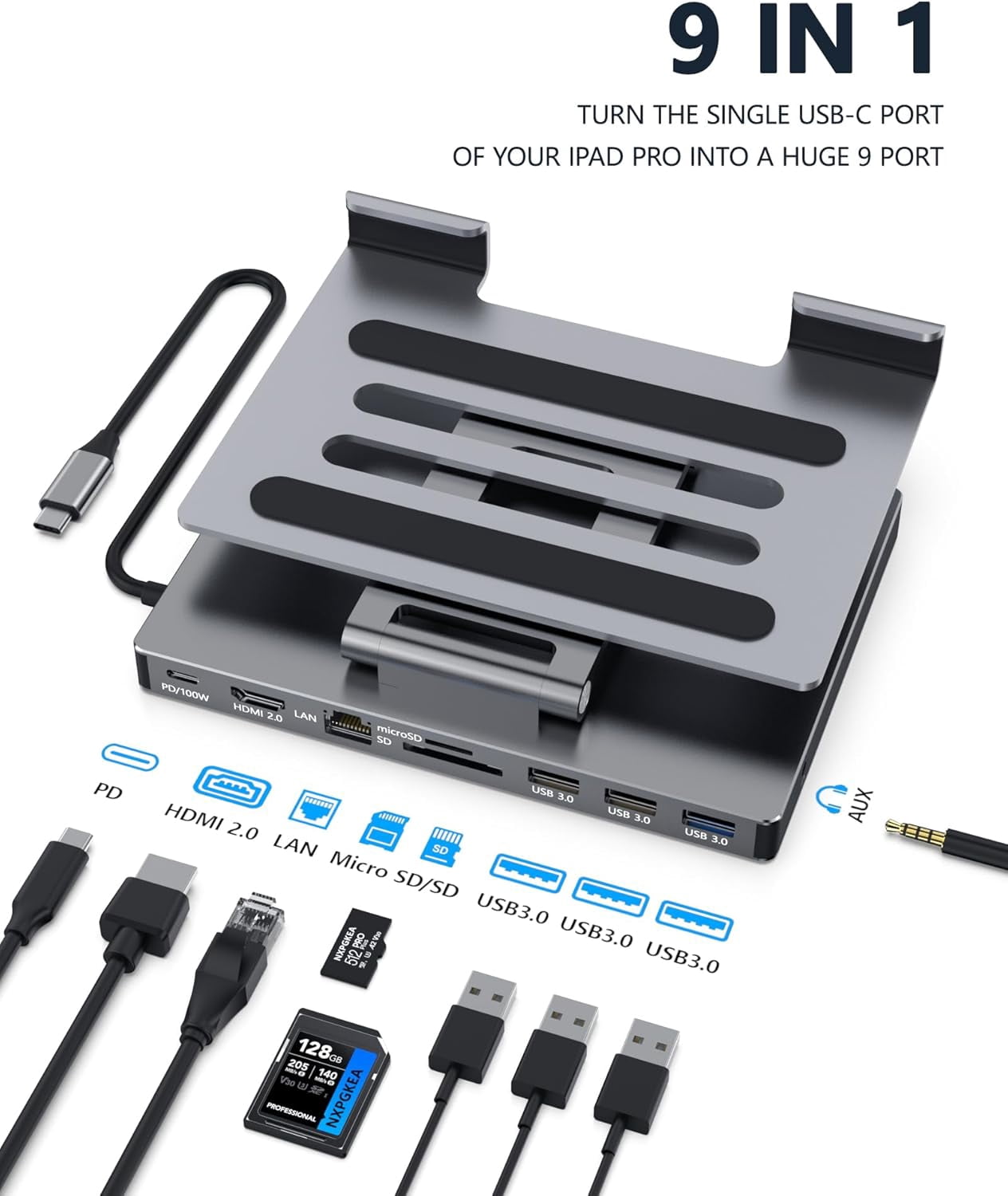 GKEAPZA iPad Pro USB C Hub Stand, 9-in-1 Adapter for iPad /Air/Pro Docking Station Foldable with 4K 60Hz HDMI, RJ45 Gigabit Ethernet, SD/TF Card Reader, 3 USB 3.0, 3.5 mm Audio,iPad Dock Accessories