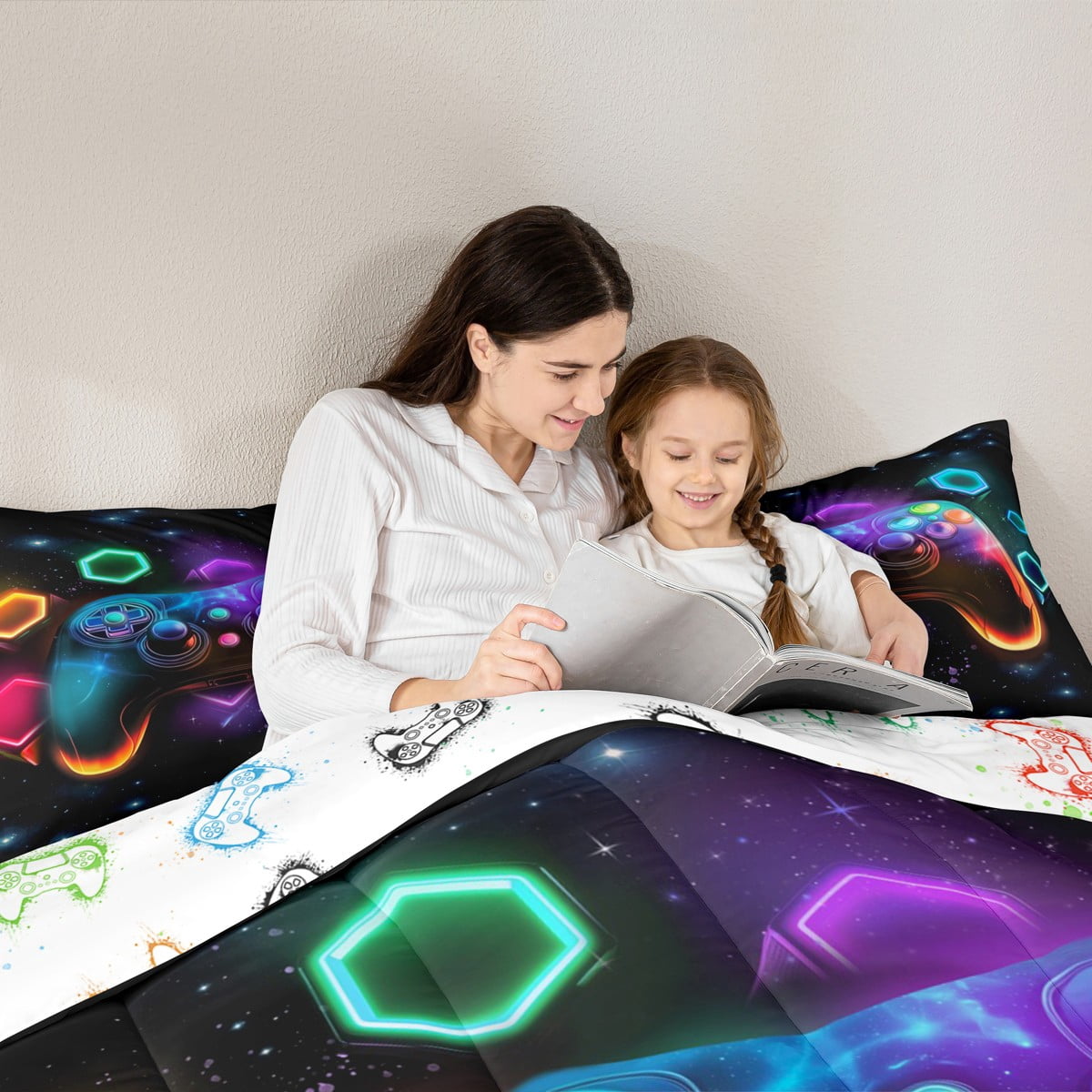 Gamepad Bedding Set Queen for Teens 3pcs Soft,Colorful Galxy Bedding Decor,Gamepad Reversible