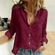 thumbnail image 2 of Blusa de manga larga con cuello en V y botones de lino para mujer, poliéster + spandex, informal de oficina, tallas S-XXL, 2 of 8