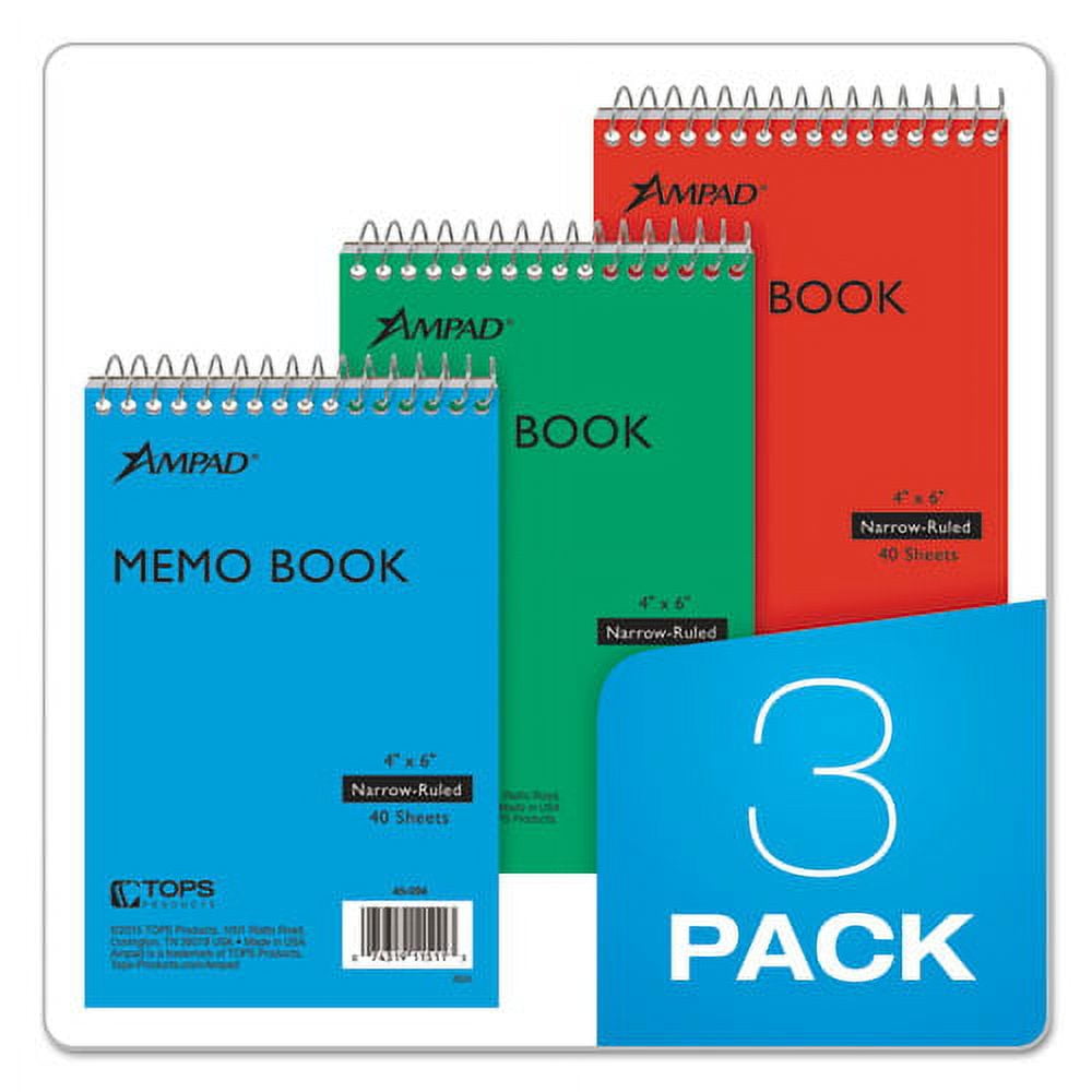 Memo Pads, Narrow Rule, Assorted Cover Colors, 40 White 4 X 6 Sheets, 3/pack | Bundle of 10 Packs
