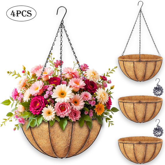Diigabo 4-Pack Metal Hanging Planter 12-Inch Baskets Coconut Coir Liners Rustproof Iron Frame with Hook for Indoor Outdoor Porch Garden Décor